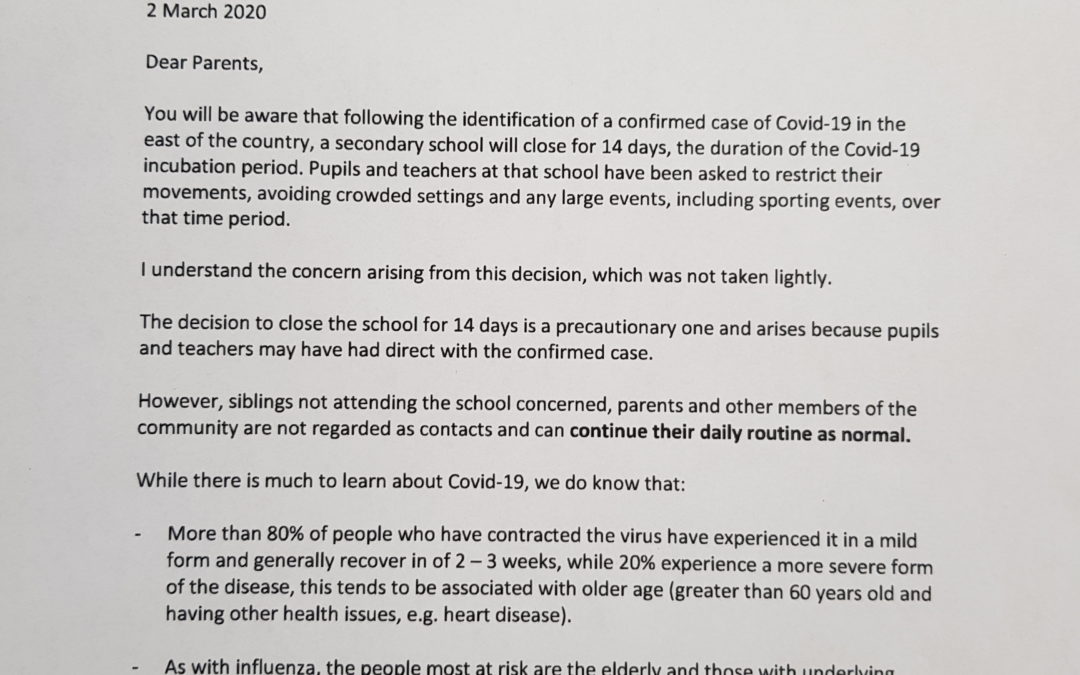 Department of Health Letter to Schools re. Coronavirus 03/03/2020